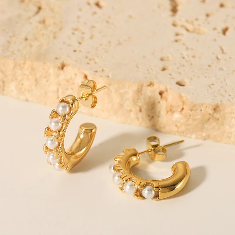 New Trendy Earring Gold Plated Basic Pearl Hoop Earrings for Women Stainless Steel Fashion Jewelry Wholesale