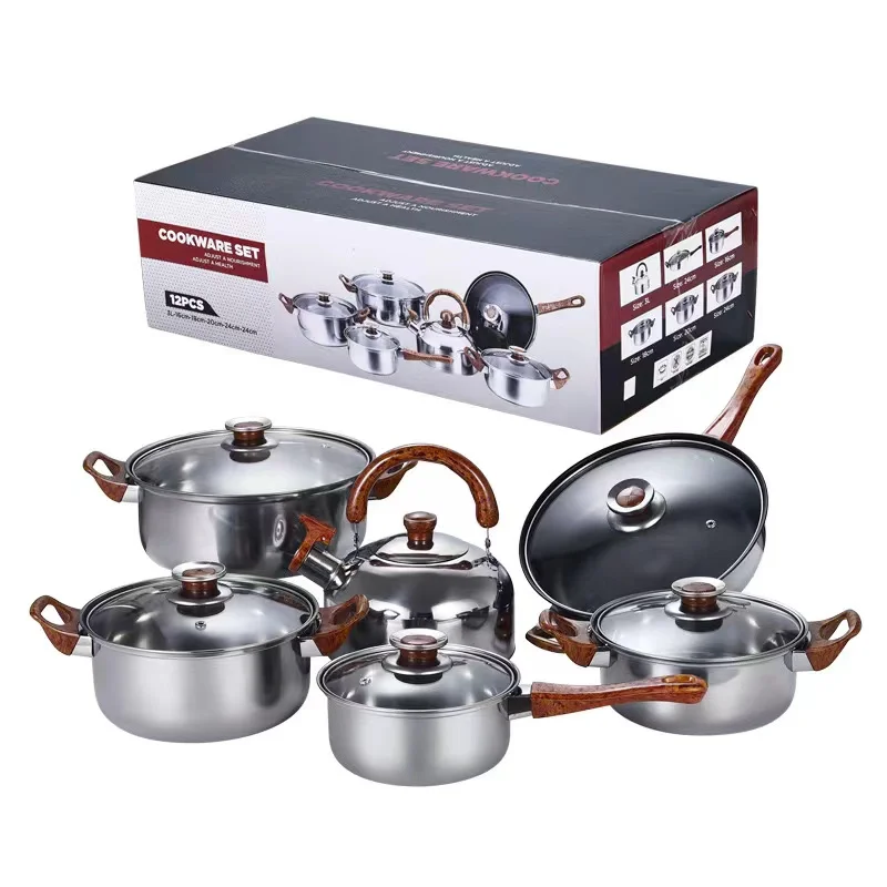 Chaozhou Stainless Steel Soup Milk Pot 12-Piece Cooking Pot Set with Kettle Including Ceramic and Glass Components
