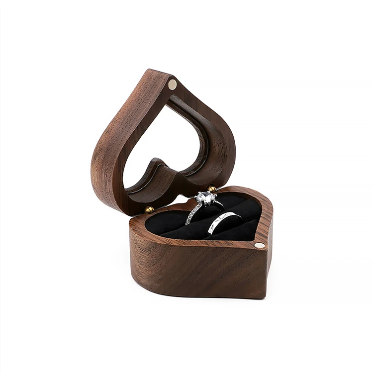 Custom Luxury Cute Small Engagement Wedding Heart Jewelry Box Two Slots Wooden Box for Ring
