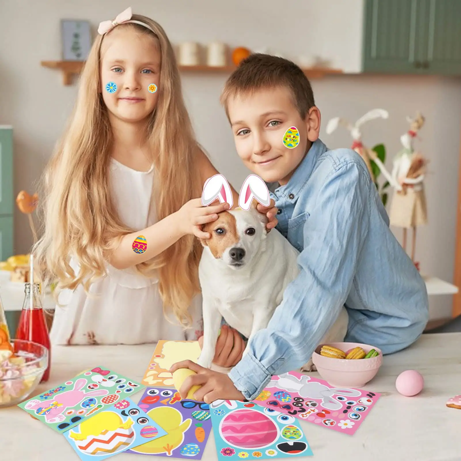 24pcs Easter Stickers for Kid, Make-a-face Easter Stickers for Child Easter Egg Farm Animal Rabbit Chicks