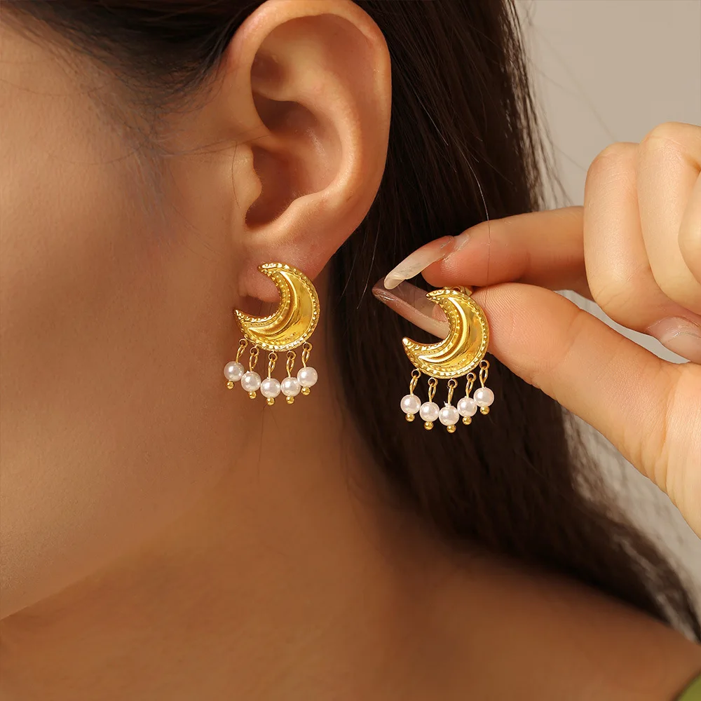 Ear Rings for Women Moon Earrings Plastic Pearl Drop Earrings Wholesale Gold Plated Stainless Steel Earings Jewelry Women