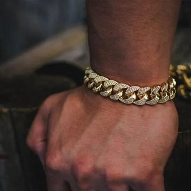 Hot sale Hip Hop bracelet with necklace set Bling Iced Out Bracelet set Miami Cuban Link Chain necklace Bracelets set for Men