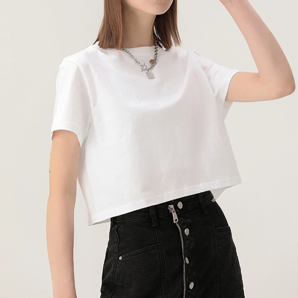 Summer 100%  Cotton Sexy Casual Acid Wash Retro Embroidery Print Short Navel Cropped Crop Tops For Women Crop Top T-Shirt