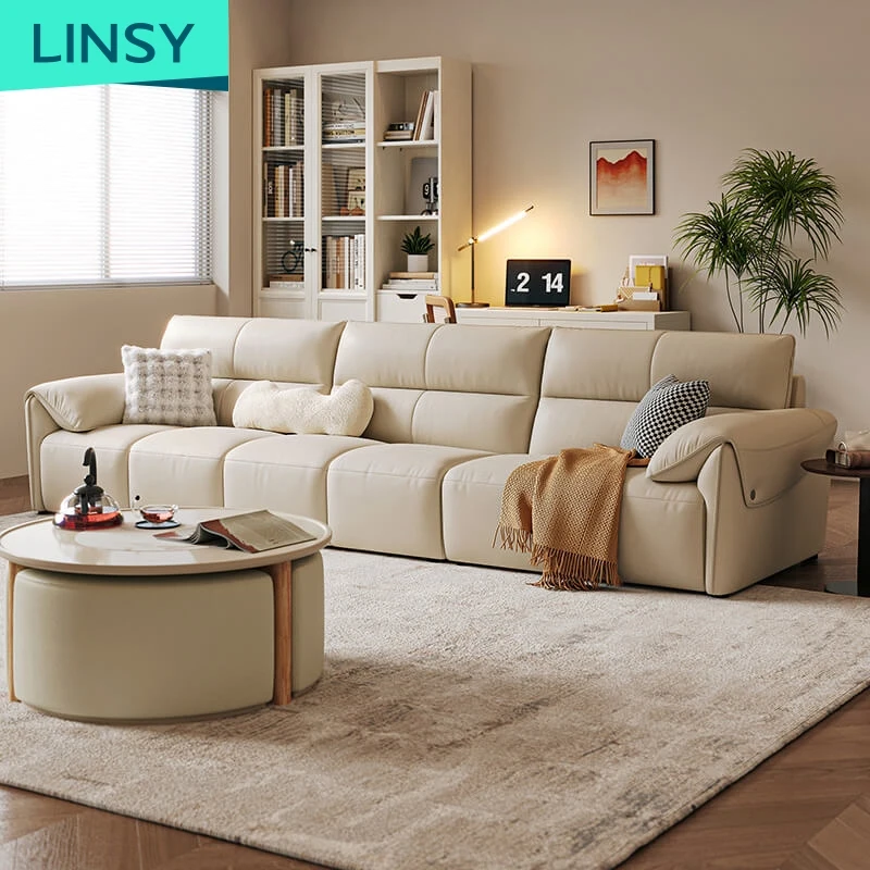 European Chesterfield Style 4-Seater Beige Leather Sofa Minimalist Design for Home or Hotel Use PS060-D Living Room Furniture