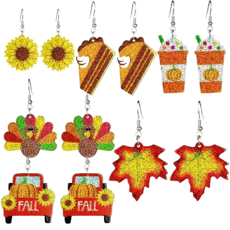 Glitter Acrylic Dangle Earrings Cute Turkey and Pumpkin Pie Earrings with Maple Leaf Coffee and Sunflower Pendant Earrings