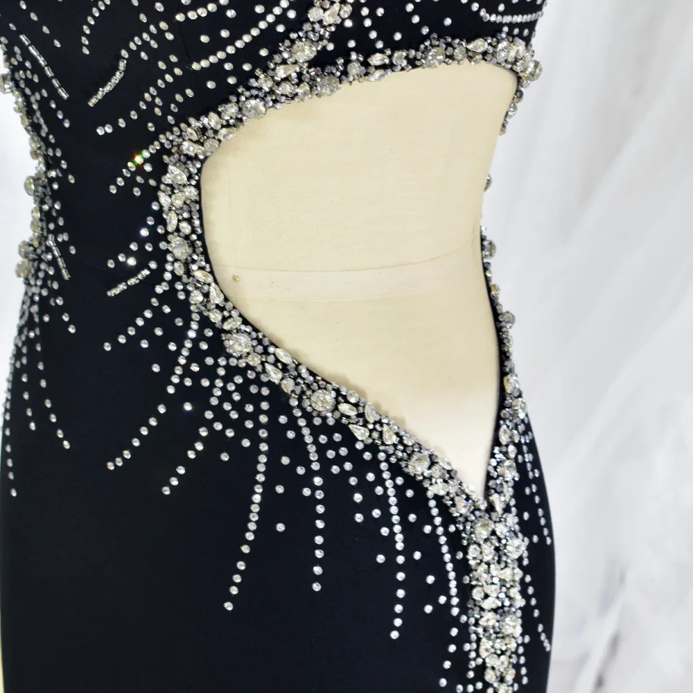 Black chest-top small train design sense, satin studded pearl waist sexy party evening dress, noble fashion tight ball dress
