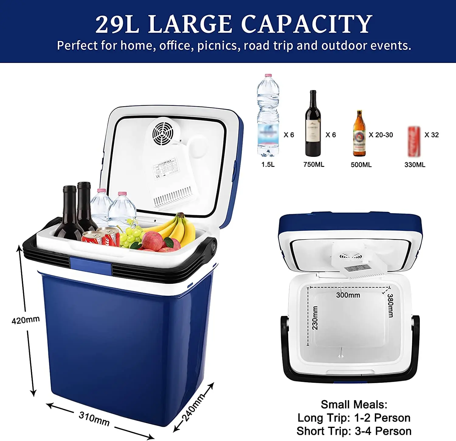 29L Cooler Box with Handle Portable Thermoelectric Fridge for Car Camping Travel 12V Car Fridge 110V-240V Home Use