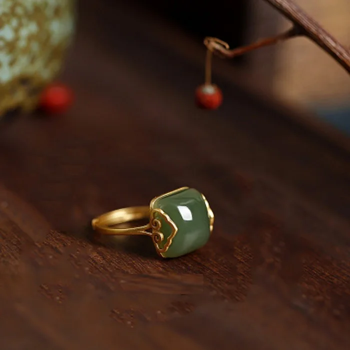 Vintage Elegant Fashion Jade Green Rings Women Adjustable Brass Gold Jade Rings