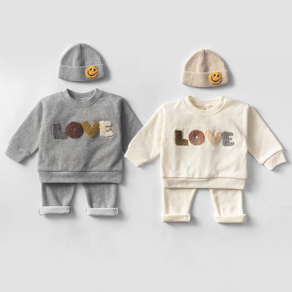 Spring Autumn Newborn Kids Clothes Set Embroidered Print LOVE Soft Cotton Baby Outside Wear Boy Clothes Suit