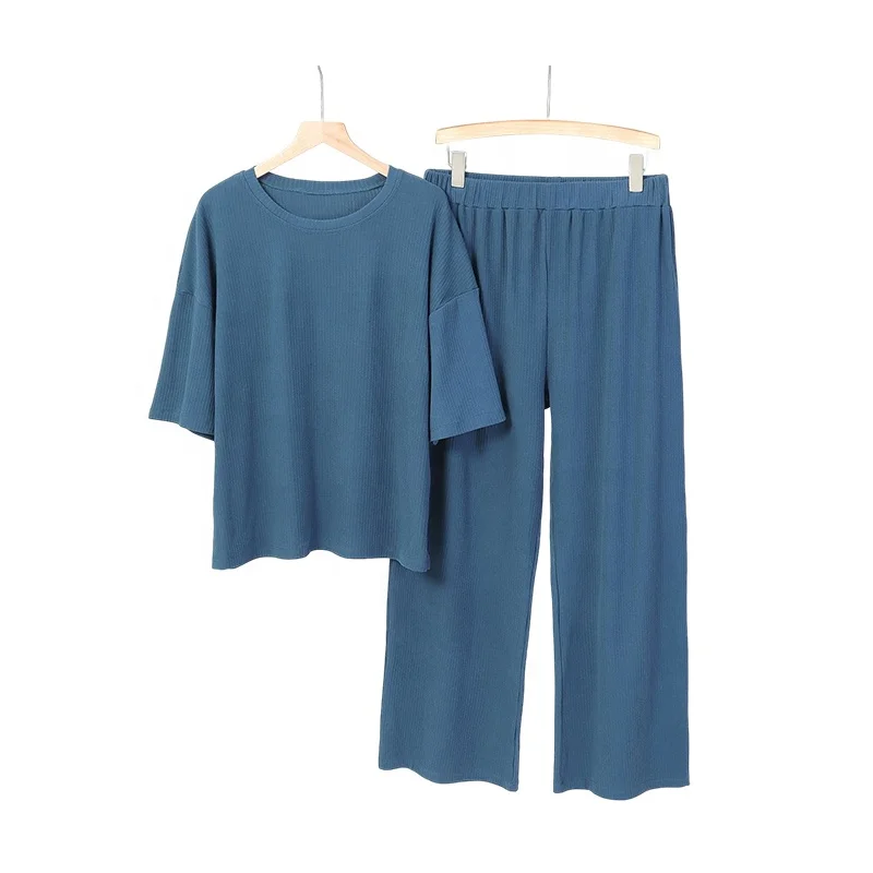 Logo Plus Size Organic Cotton Ribbed Causal Women Pajamas 2pcs Set