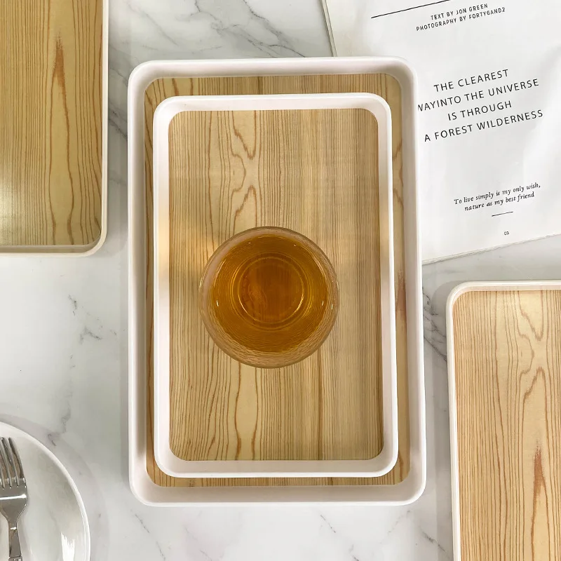 Bamboo Wooden Pattern Rectangle Melamine Tray Plate Dish Set Household Restaurant Use Classic Design Sustainable