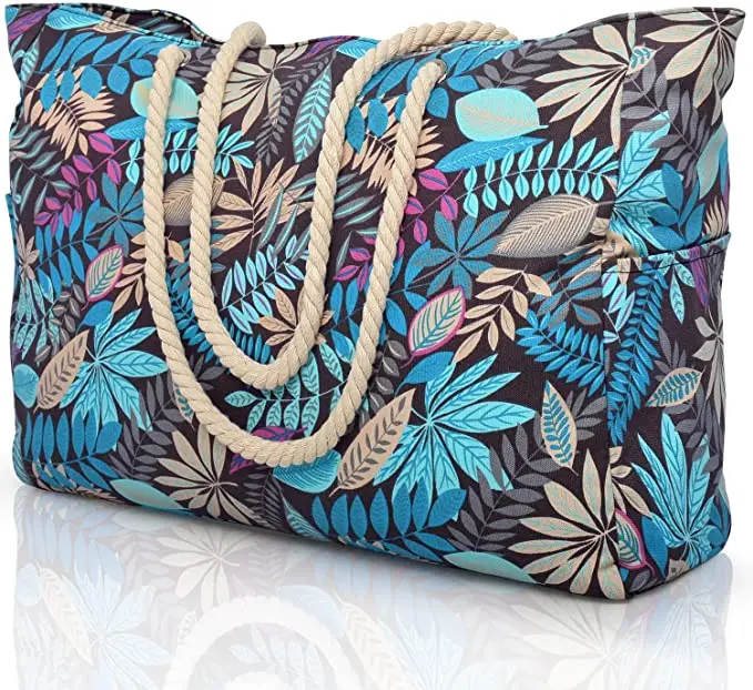 wholesale Large blue white Striped beach bag big Cotton Canvas Shoulder Beach Tote Bag with Cotton Rope Handle