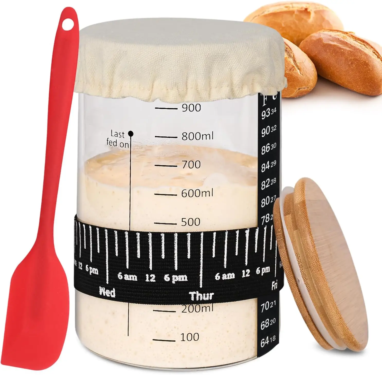 Sourdough Starter Jar Kit- 35 Oz Large Sourdough Starter Glass Jar with Date Marked Feeding Band Thermometer Spatula Cloth Cover