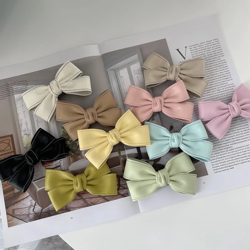 South Korea Soft Leather Girl Bow Hairpin Solid Bowknot Girls Bangs Clip