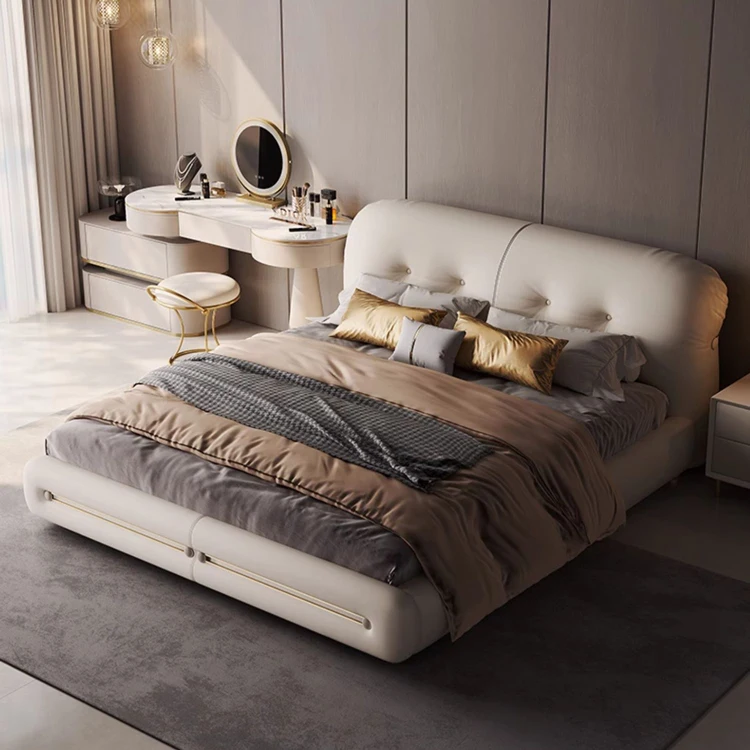 Designer High-End Luxury Modern Minimalist Genuine Leather Bed  Up-Holstered Large Bed for Bedroom Furniture