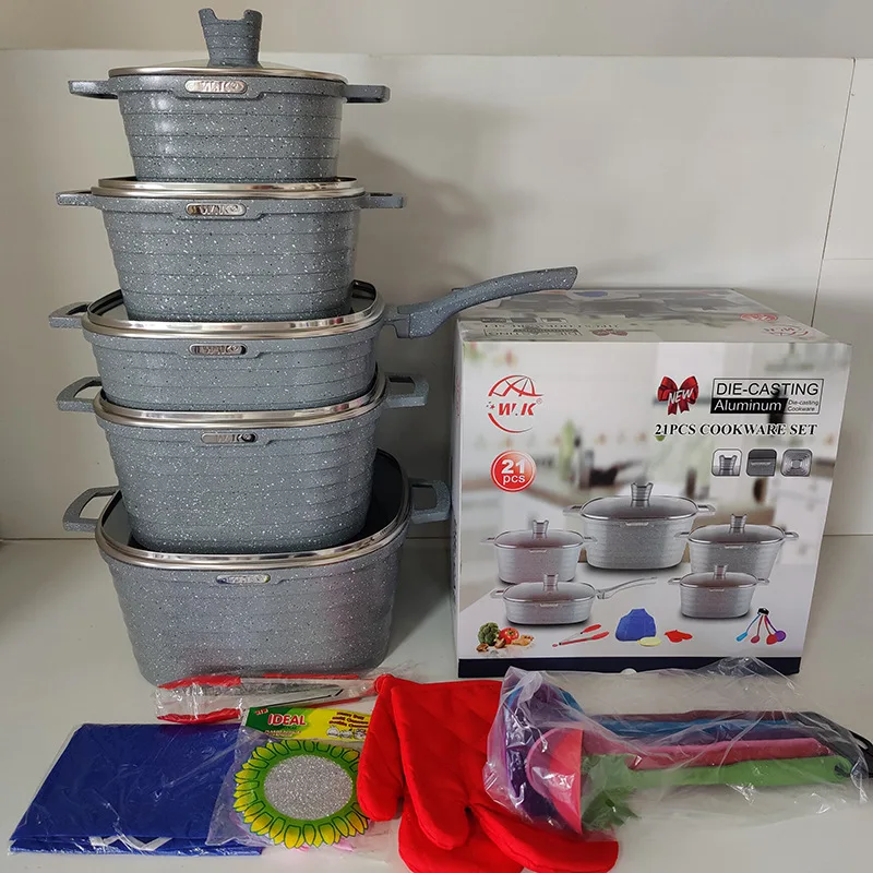 RTS Induction Modern Kitchen Non Stick Cooking Pot 21PCS Die Casting Aluminum Granite Square Cookware Set With Anti Scald Handle