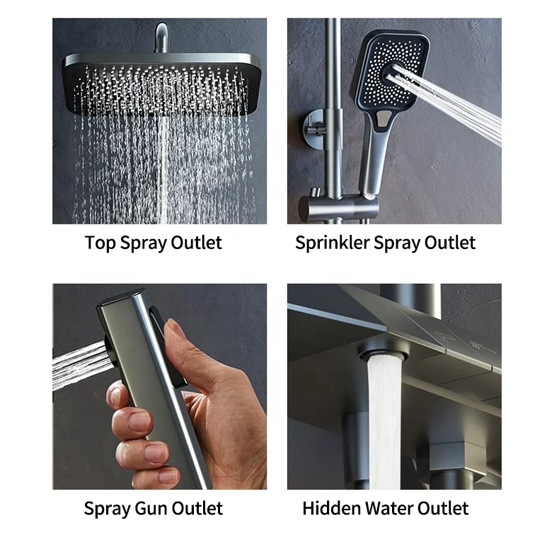 Gun Gray Square Shower Head 3 Modes Handheld Sprayer Brass Piano Shower Set Thermostat Shower System Faucet Set With Tub Spout