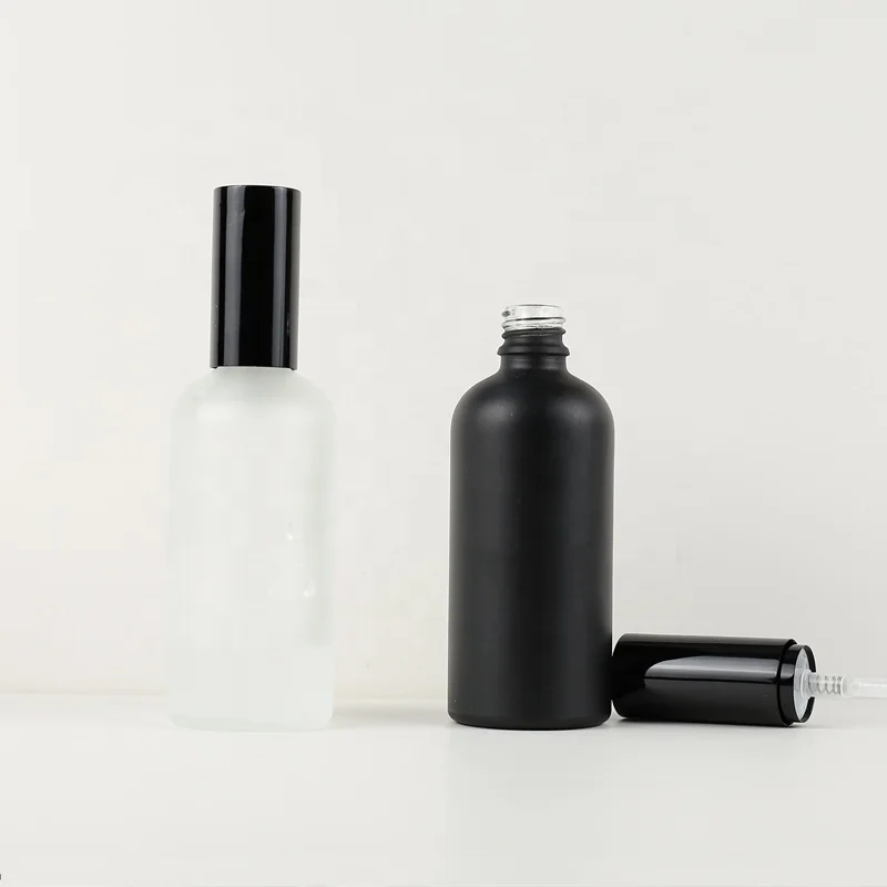 Empty Custom Spray Botol Parfum Atomizer Frosted Matte Black 100ml Cosmetic Serum Spray Glass Bottle With Pump Sprayer