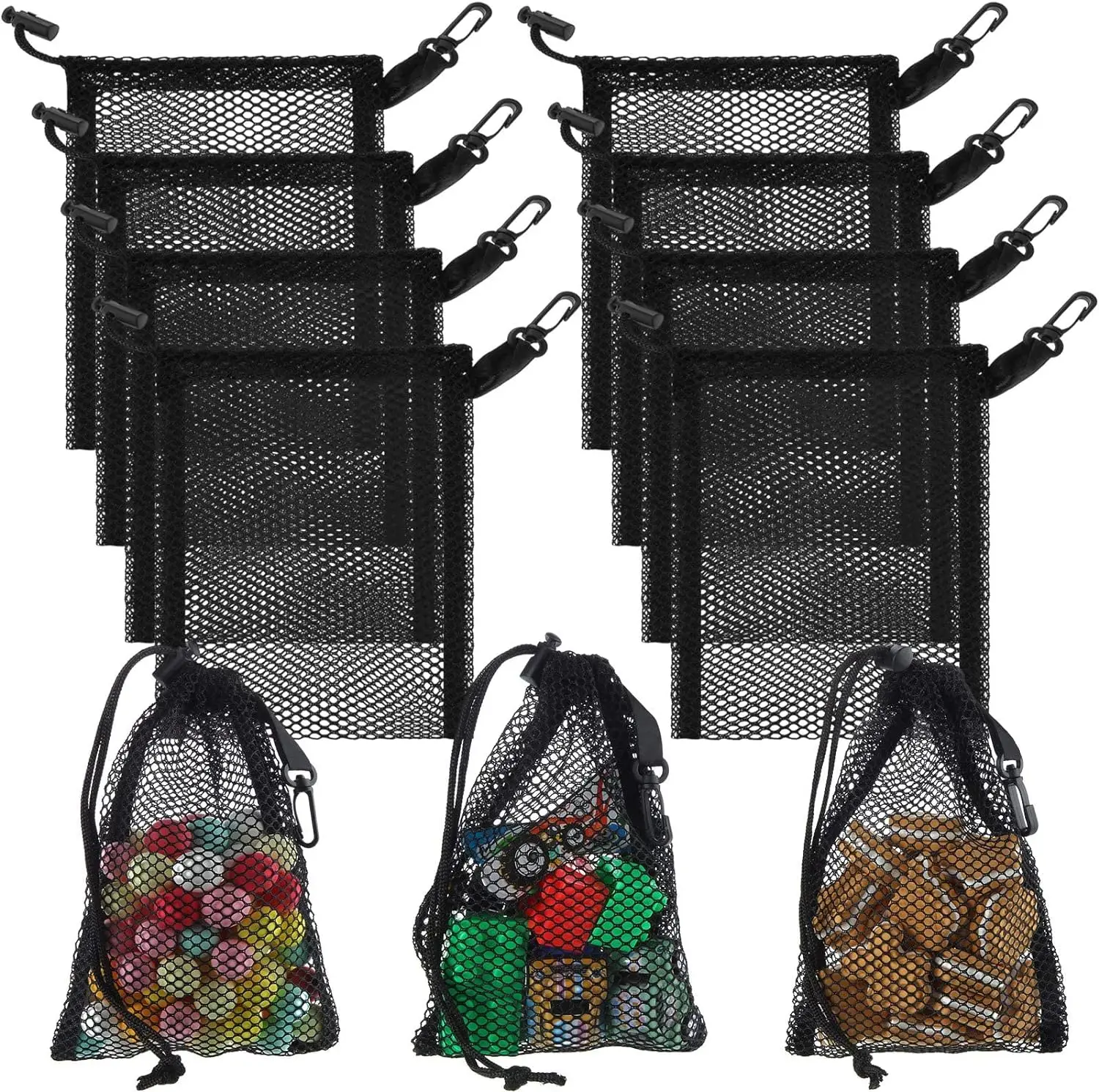 Черные Сетчатые Сумки на шнурке с зажимами нейлоновые для хранения игрушек для путешествий (20x15 см/7,9x6 дюймов)