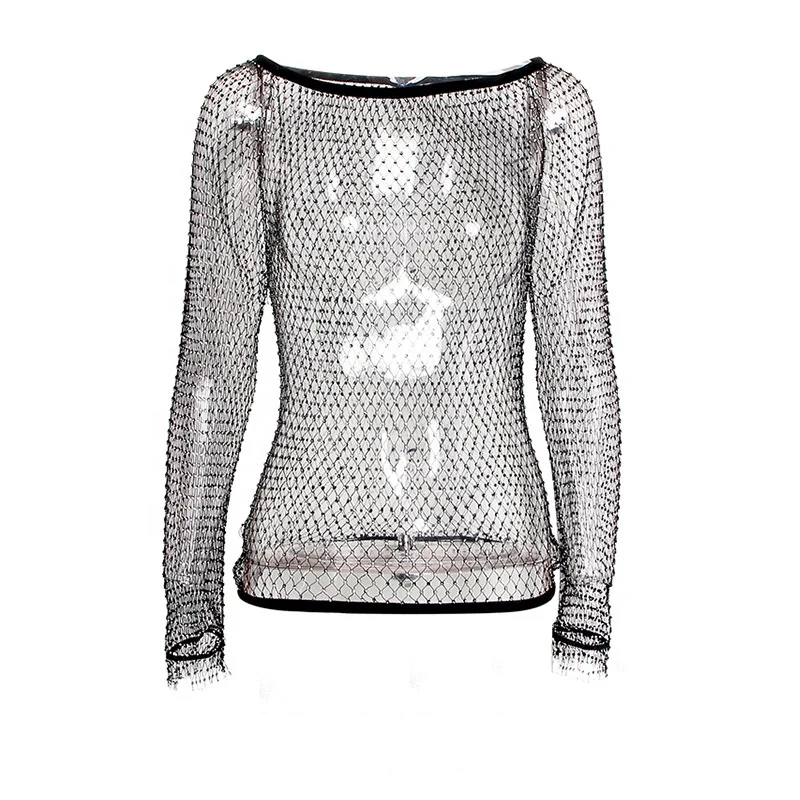 
Hot Factory Price Sexy 3mm Rhinestone Aluminium Mesh Fabric Costume Top for Evening Party 