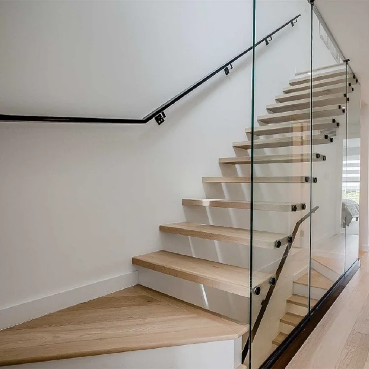 ACE Modern Floating Glass Railing Wooden Treads Staircase For Interior From Foshan Factory