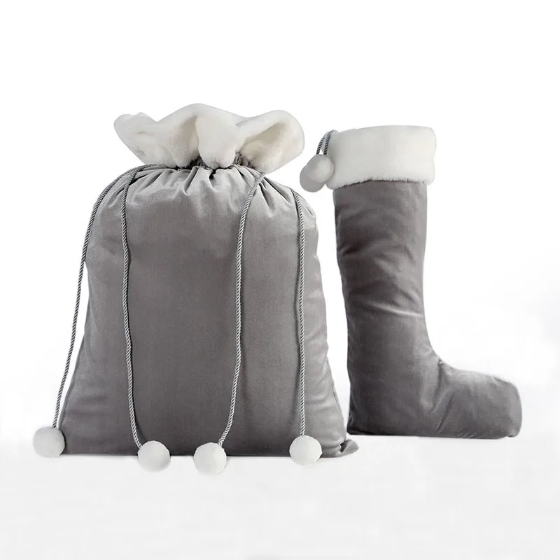 Изготовленный На Заказ серый бархат Pom мешок Санта шнурок Рождественский подарок сумки оптом