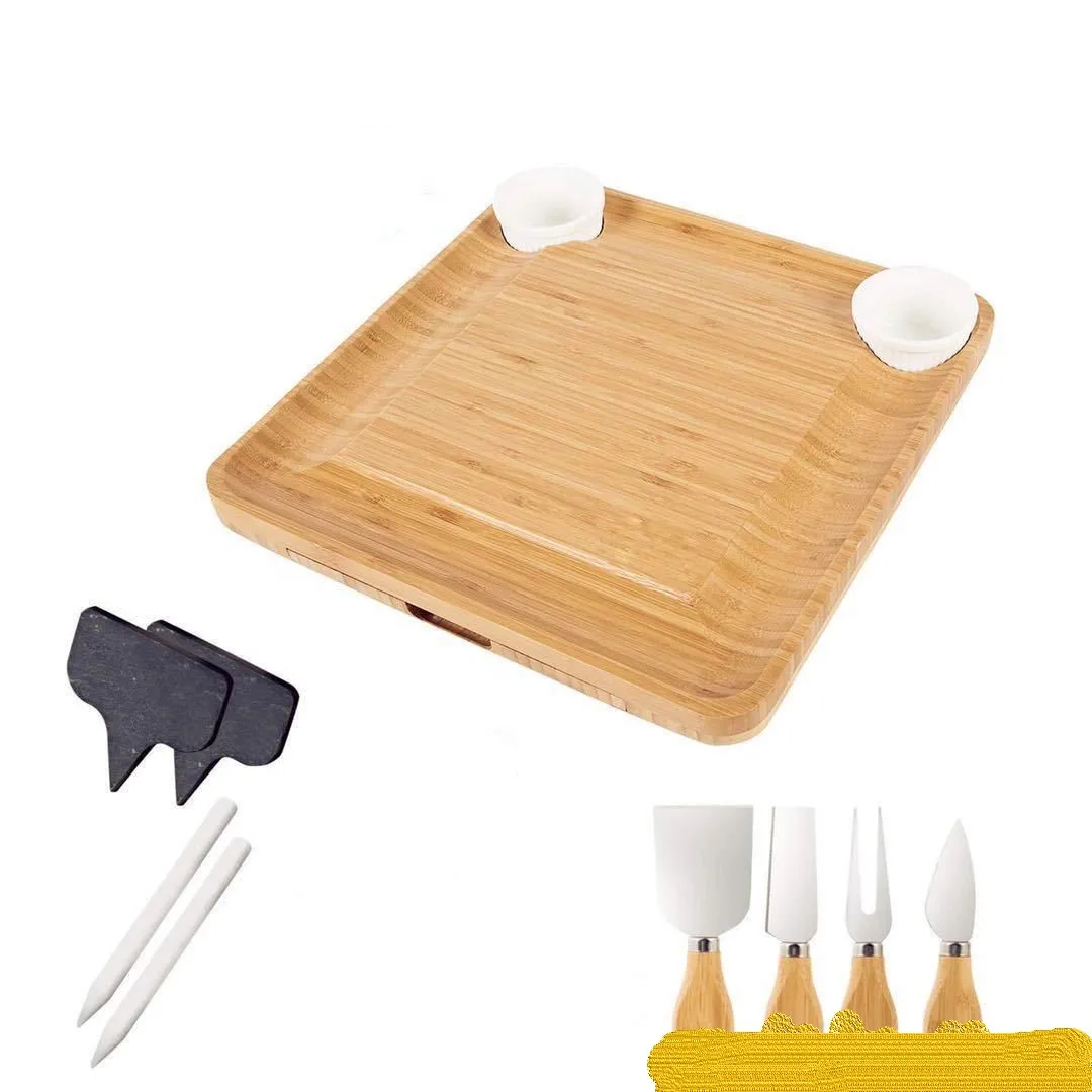 Оптовая продажа, разделочная доска для бамбукового сыра, Deli, сервировочный поднос для сыра с керамической чашей, набор столовых приборов