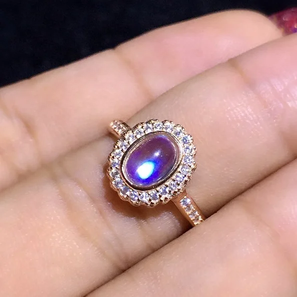 Wholesale 925 Sterling Silver Luxury Natural Blue Rainbow Moonstone Ring Jewelry for Women