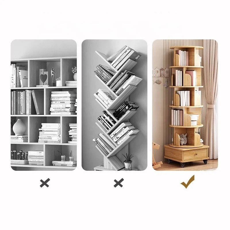 Rotating 360 Degrees Wooden Bookshelf Home Living Room Movable Student Cabinet with Wheels Wall Bookcase for Villa