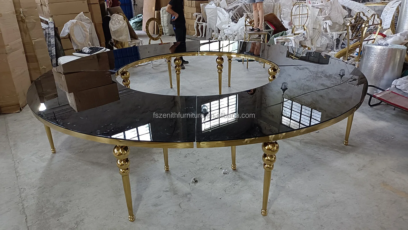 OEM свадебный стол из нержавеющей стали Золотая подставка стеклянный круглый обеденный банкетный столы и стул