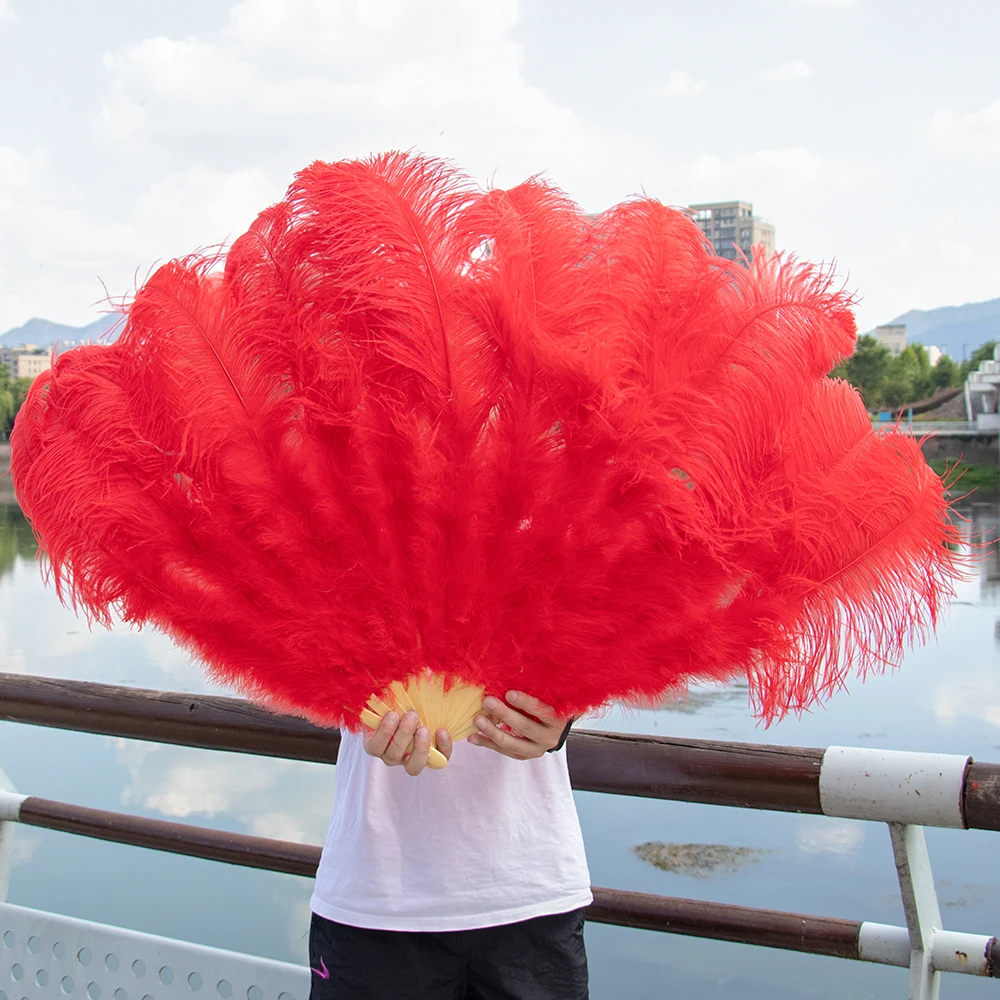 Orange Large Ostrich Feather Fans Fluffy Performance Dance Folding Hand Held Fan Various Styles Party Props Stage Show Props Fan