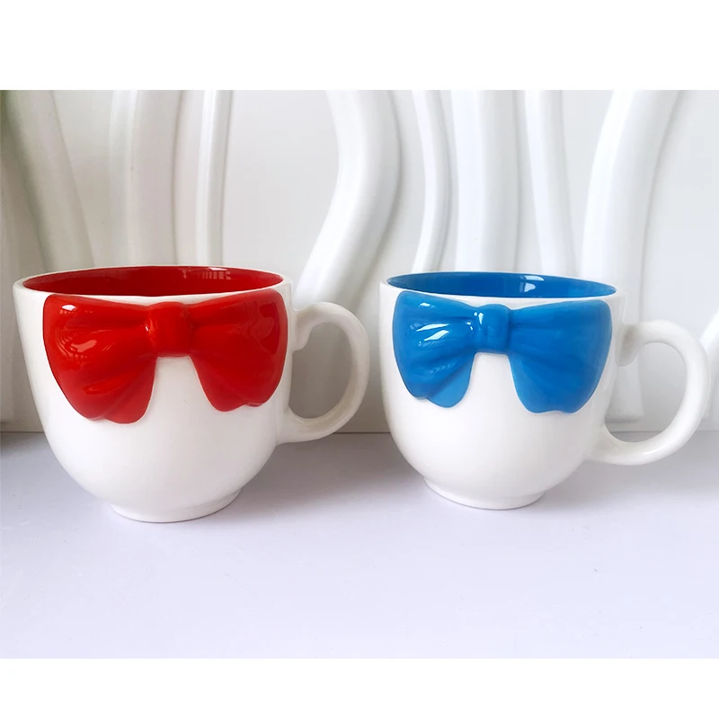 2024 Mug Wholesale OEM ODM Bulk Handpainted 3D Ceramic Creative Unique Shaped Valentine Coffee Bow Cute Mugs for Girls