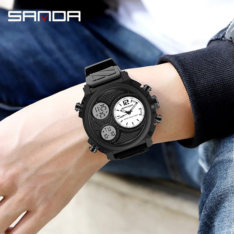 Newly sold sanda checkered black large dial 12/24 hour set time alarm clock classic digital watch men creativity
