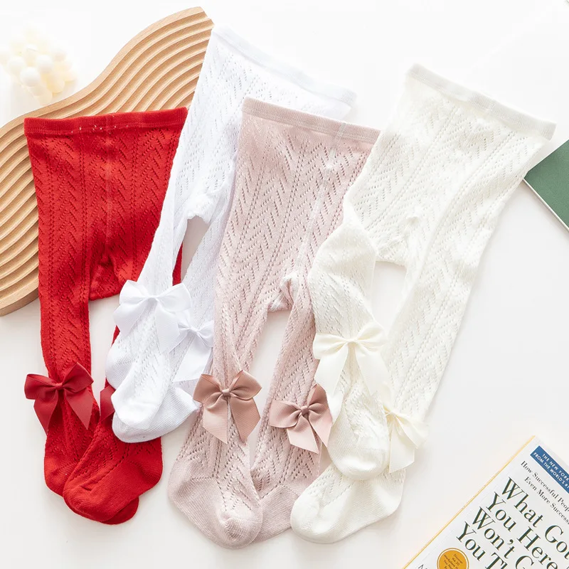 Korea Fancy Solid Color Princess Bows Newborn Tights Pantyhose Thin mesh Hollow Out Lovely Baby Kids Pantyhose
