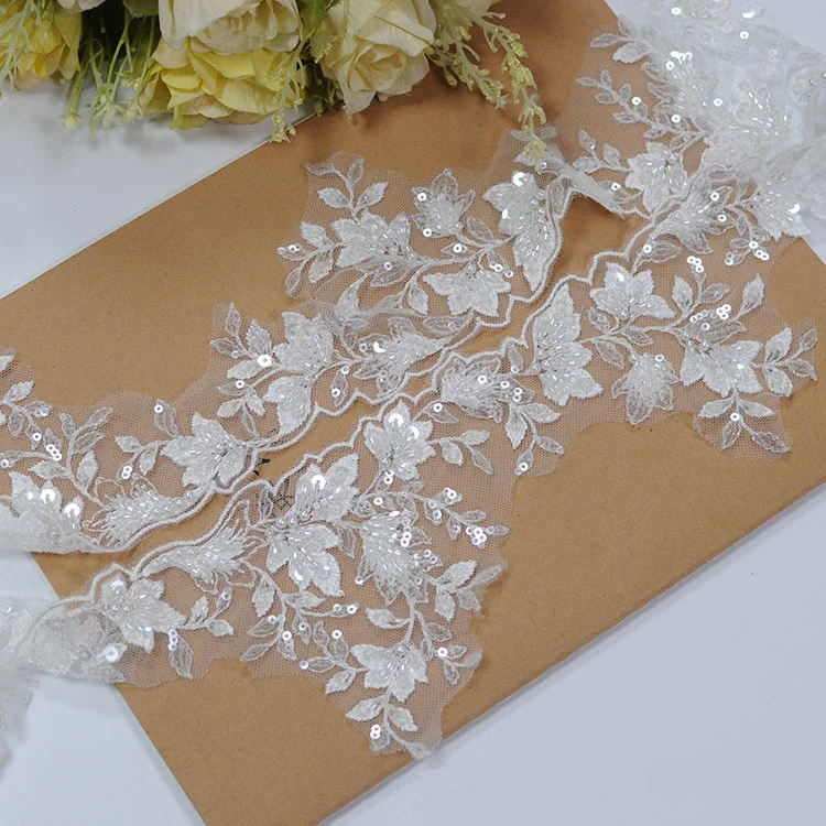 11cm Embroidery Floral Style Pearl Beads Lace Trim for Bridal Wedding Veil