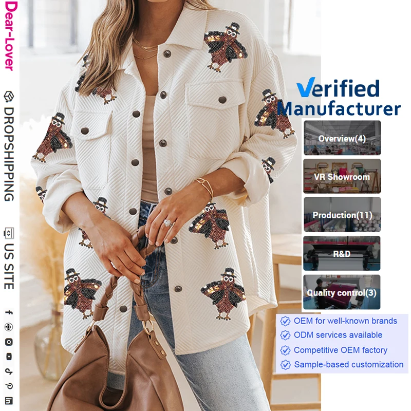 Dear-Lover Private Label ODM Sequin Thanksgiving Turkey Patched Graphic Flap Pocket Textured Shacket Jacket