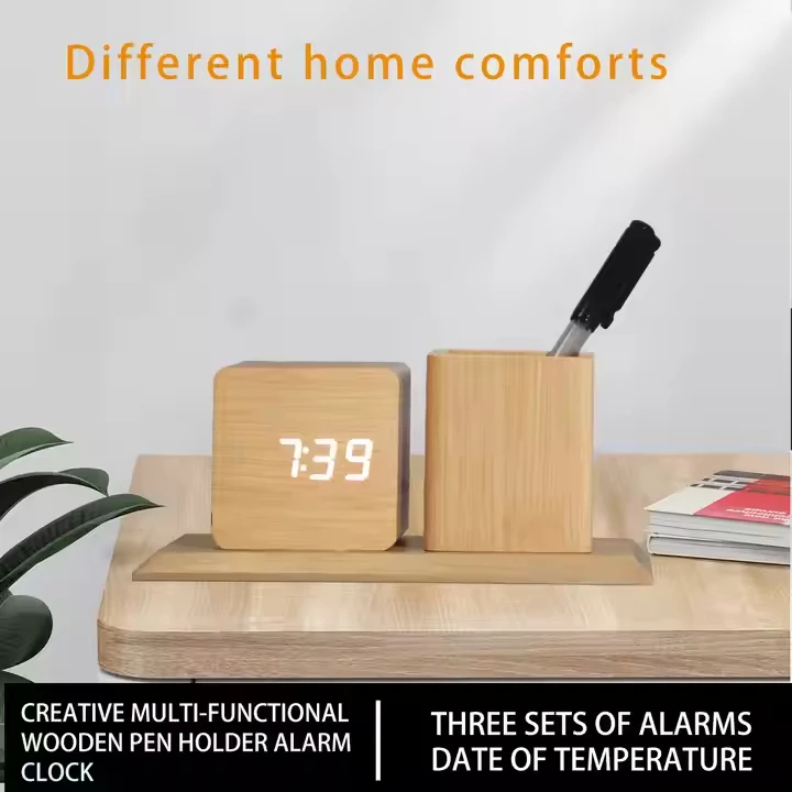 Creative LED Smart Alarm Clock Home Office Desktop Pen Holder Wood Clock Smart Electronic Clock