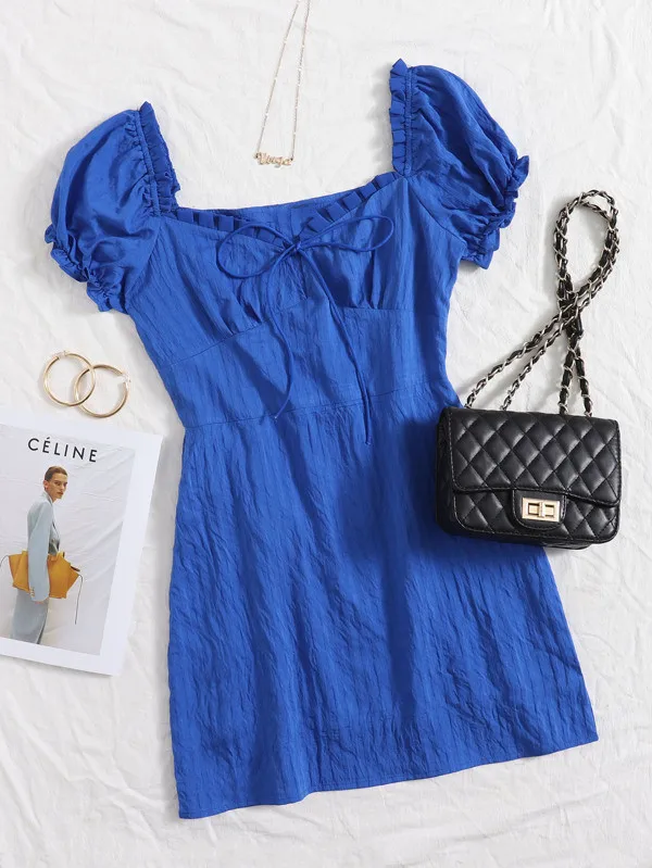 Solid Color High Quality Cotton Dresses Summer Women 2021 Fashion Girls Mini Skirt Tie Front Crinkle Dress