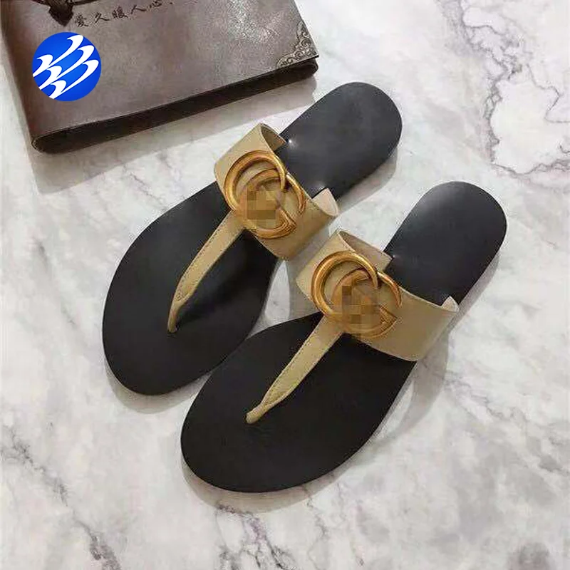 2021 Factory Price Leather Metal Button Slippers Low Heel Trending Flat Sandals For Women