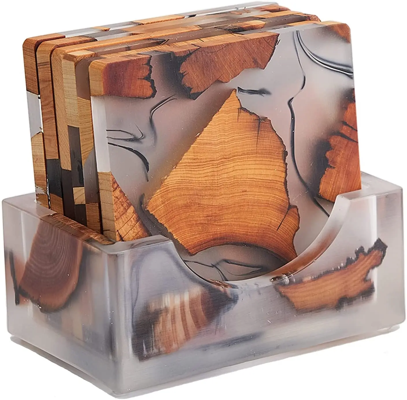 2022 Wholesale Custom Square Round Tea Cup Crystal Epoxy Pine Wood Resin Coaster With Holder Set