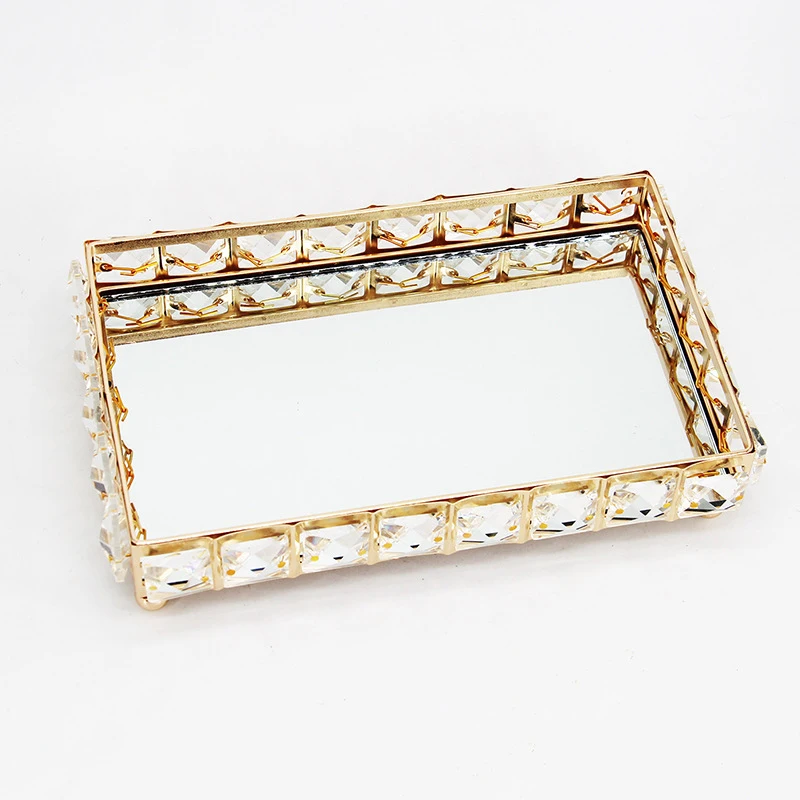 Wholesale Glass Mirror Crystal Trays Metal Plate Rectangle Jewelry Storage Tray for Home Decoration