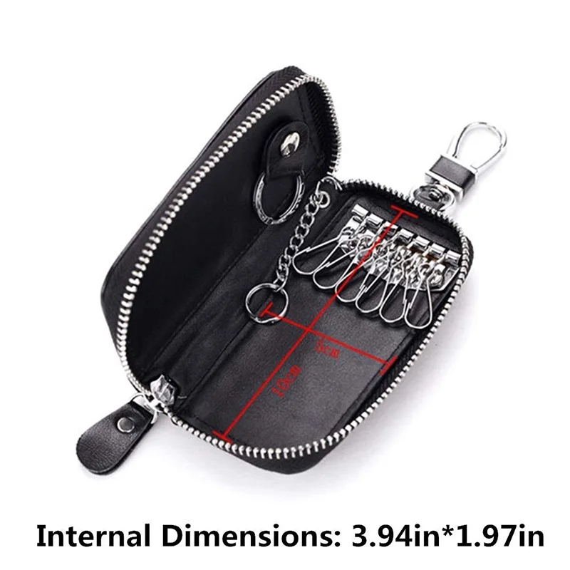 Genuine Leather 2 Card Slot Key Holder Keyring Zipper Bag 6 Hooks Keychain Case  Protection Cover Car Fob Key Holder Wallet