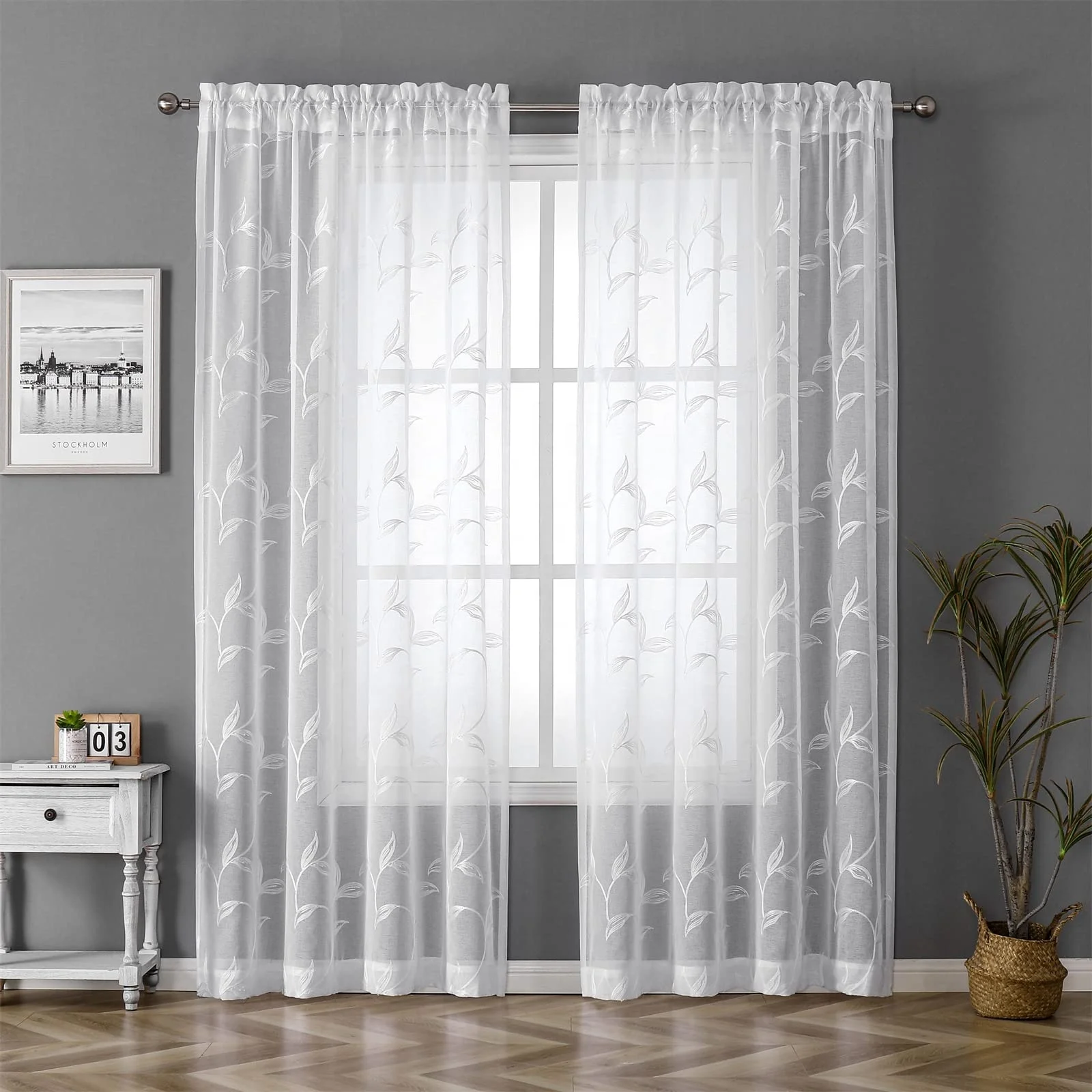 Bindi White Sheer Voile Curtains European Flower Leaf Embroidery Faux Linen Rod Pocket Window Drapes for Home Kitchen