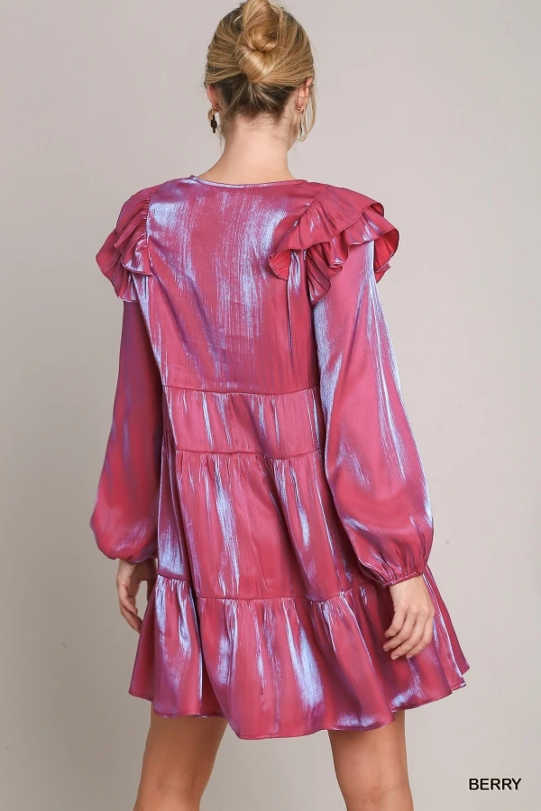 WINGTU Custom Private Label Ruffle Long Sleeves Shiny Metallic Tiered Women Mini Dress