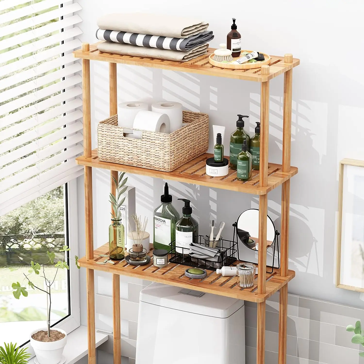 Toilet Storage Shelf Bamboo 3-Tier Over Toilet Organizer Rack Freestanding above Toilet Shelf for Bathroom