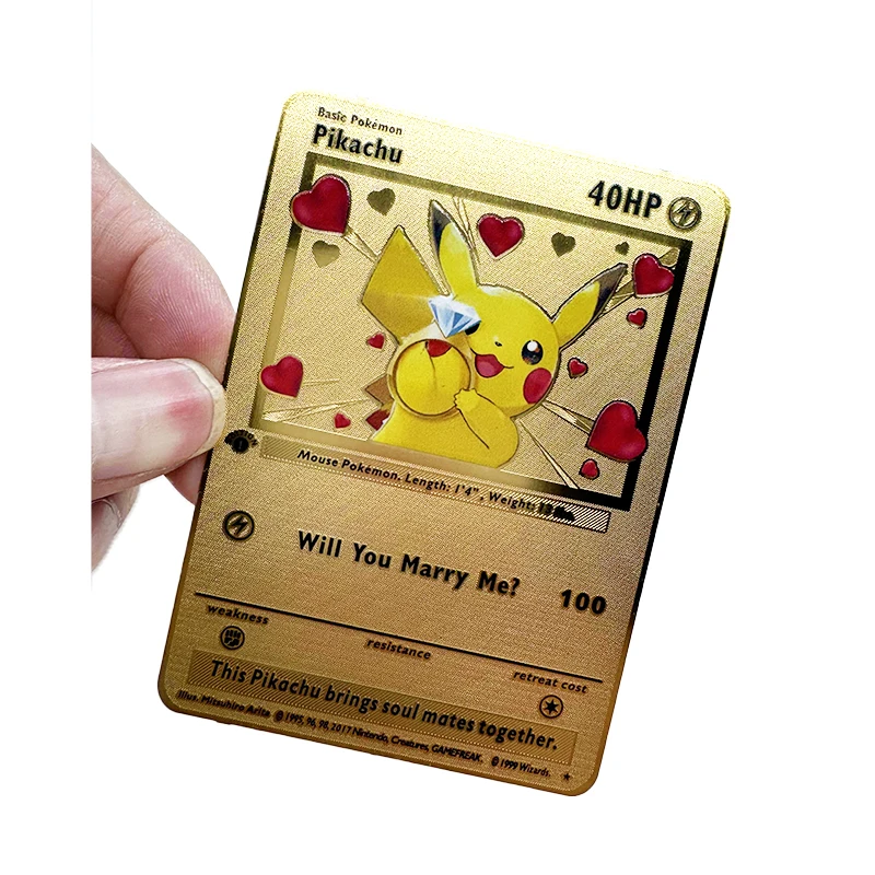 Free Samples Support Custom Style Language Custom Metal Gold Game Cards Pikachu Will You Marry Me Metal Gold Pokemon Cards