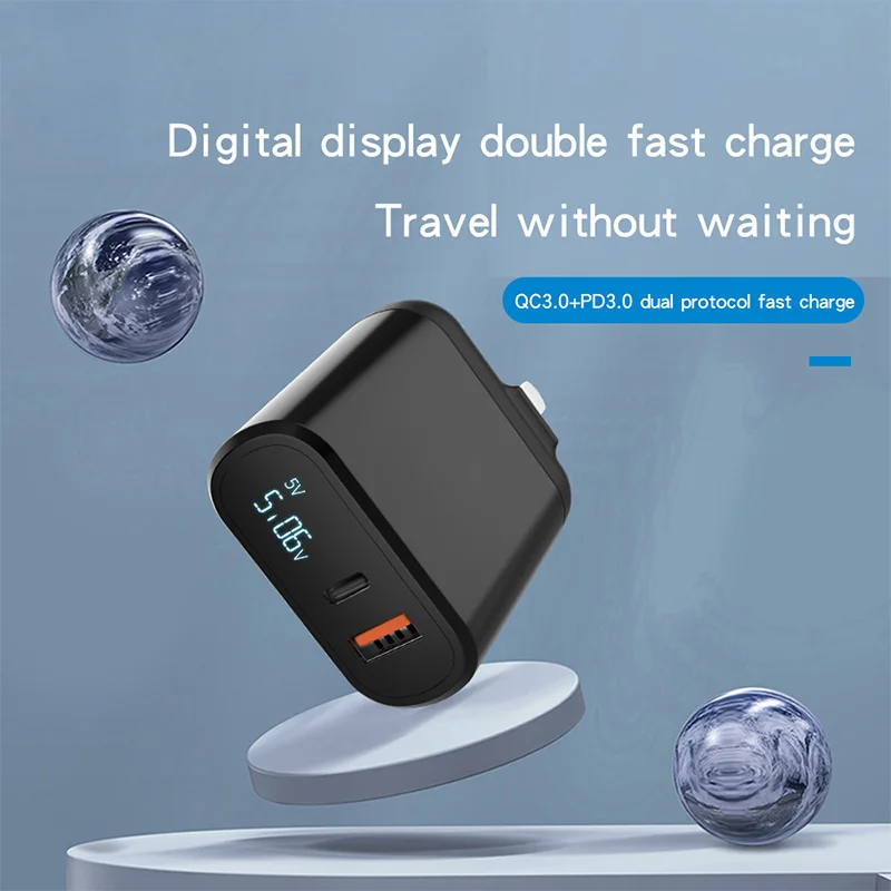 USB57s 18w Dual Port  Pd 3.0 Fast Charger Qc 3.0  Type C Fast Wall Charger With Led Display For Phone