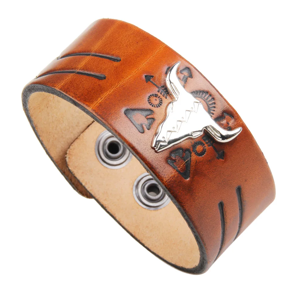 Europe And The United States  Men Leather Alloy Bull Head Punk Wide Leather Orange Bangle & Bracelet