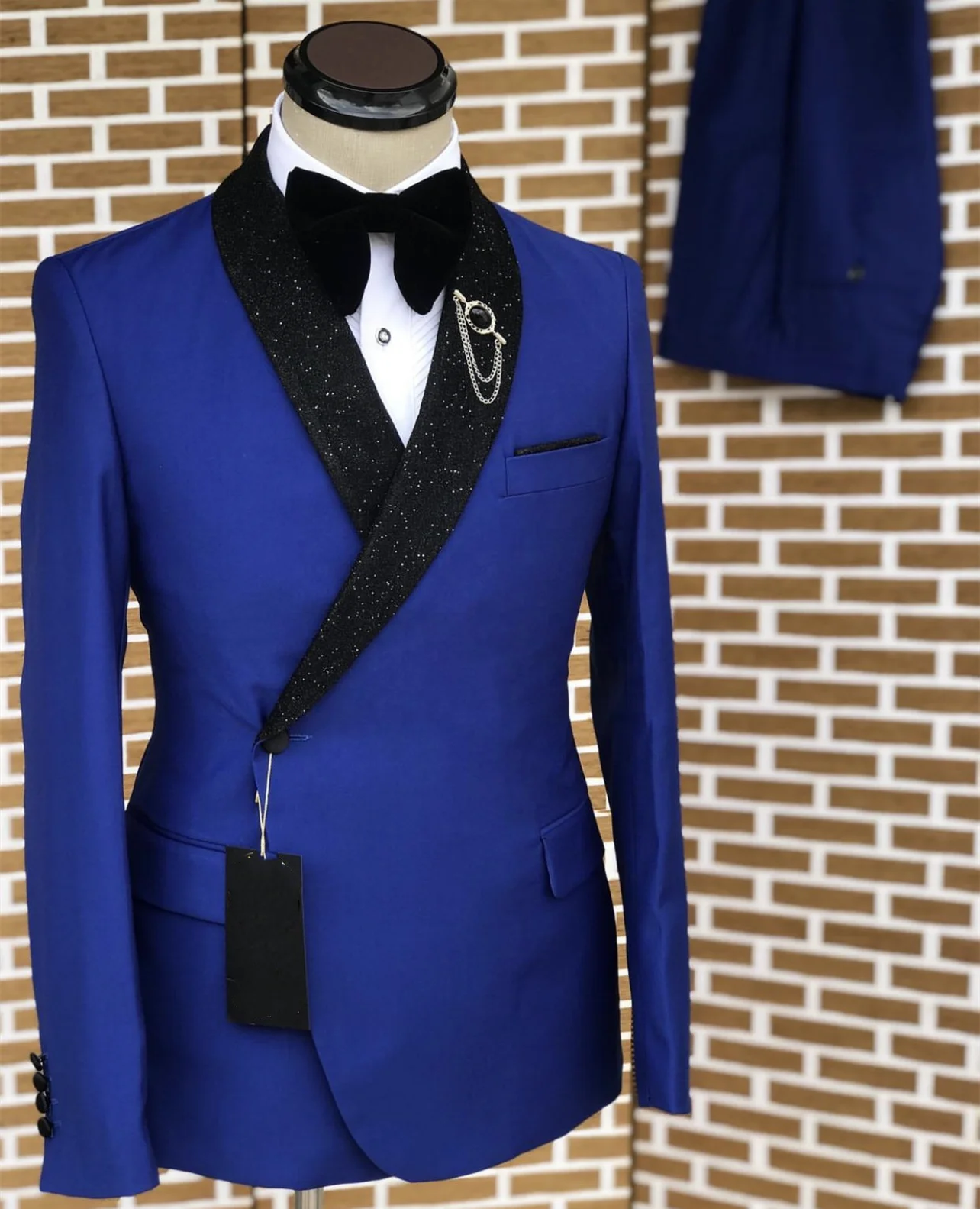 Shiny Black Collar Royal Blue Navy Men Suits Regular Fit 2 Piece Latest Design Wedding Suit For Men Blazer Sets Groom Tuxedo