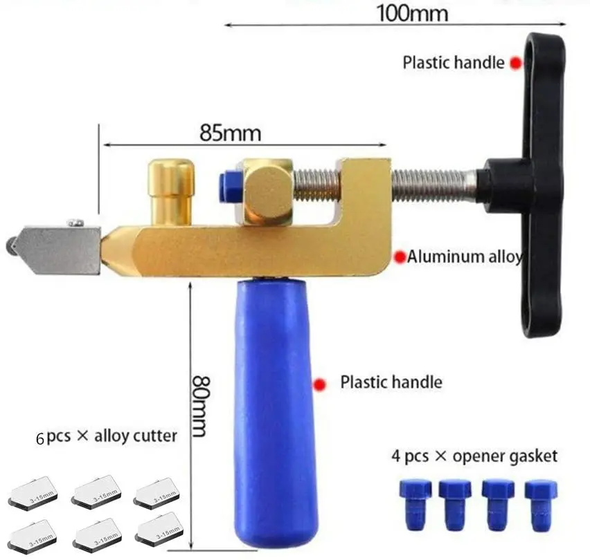 Glass Cutter Tool Kit, DIY Home Kit 2 Blades & 4 Pads Tile Cutter Hand Tool, glass cutter Tile Cutter